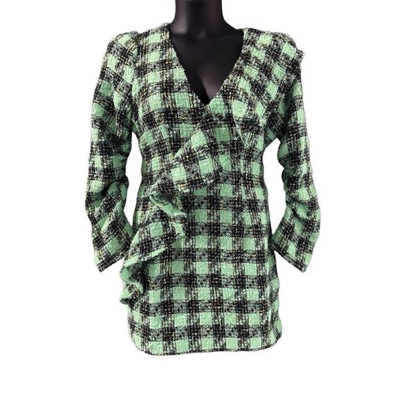 Atoir Women's Leave Me Be Plaid Ruffle Tweed Mini Dress Aspen Green Size 8 🛑 - Picture 1 of 9
